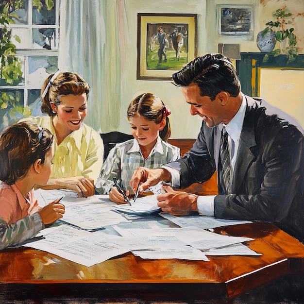 A family sitting at a table, reviewing financial documents and discussing taxes. The scene is warm and collaborative, highlighting the importance of family financial planning in light of the new tax laws