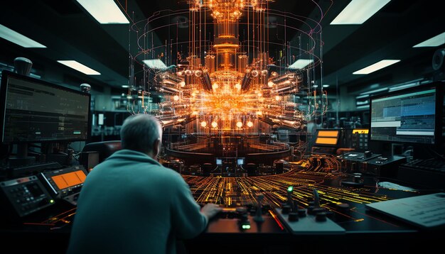 A photo of a quantum computing lab, showcasing researchers working on complex machinery with glowing lights and intricate wiring.