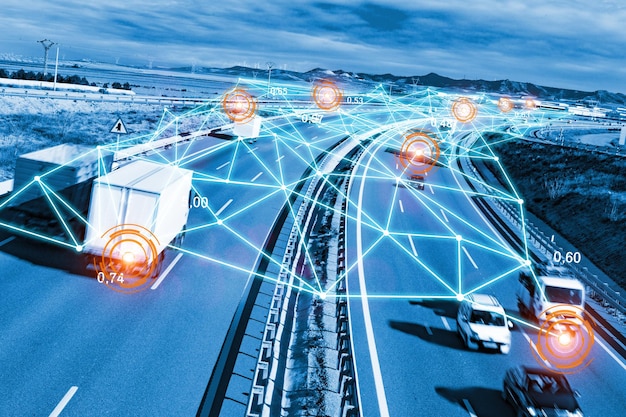 A fleet of autonomous trucks driving on a highway, communicating with each other via 5G, with a central control center monitoring their progress.