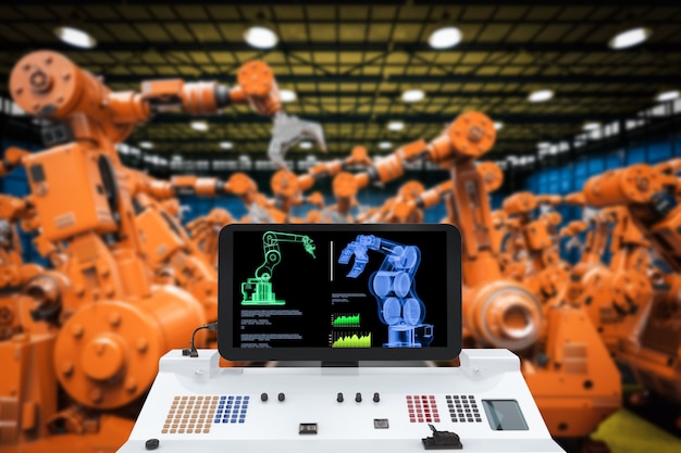 A visual representation of a smart factory in the US, showcasing the use of edge computing to manage robotic arms, monitor sensor data, and analyze production processes in real-time.