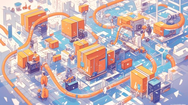 A digital illustration of a supply chain, with goods moving from a factory through various stages of transportation (truck, ship, airplane) to a consumer. Overlaid on this supply chain is a blockchain network, visually connecting and tracking each stage of the process.