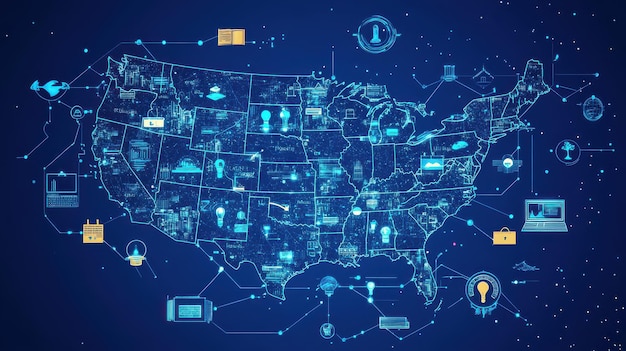 A graphic depicting a US map with various industry icons (healthcare, finance, retail) linked to cloud symbols, illustrating the diverse applications of cloud computing across different sectors.