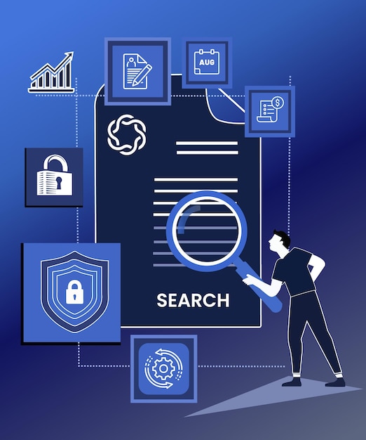 A stylized graphic illustrating a magnifying glass over a digital document with privacy policy terms, highlighting the detailed examination and importance of understanding data privacy policies.