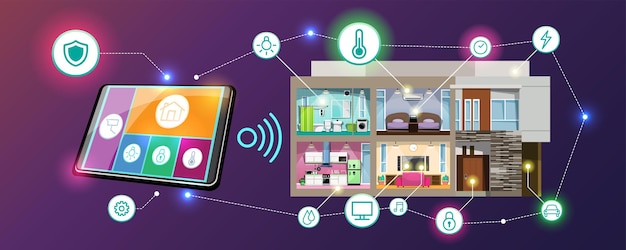 A visual representation of a smart home network, showing various devices (lights, thermostat, security camera, etc.) connected to a central hub or router. Include icons representing different connectivity protocols like Wi-Fi, Bluetooth, and Zigbee.