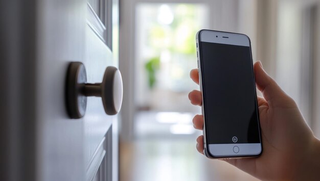 A close-up of a smart lock installed on a front door, with a smartphone displaying a control interface for locking and unlocking the door remotely. The background should show a well-lit and secure-looking entryway.