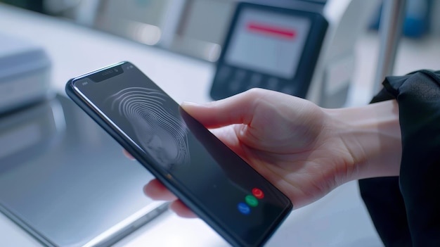 A person using their fingerprint to unlock a mobile banking app on their smartphone. The app interface shows a secure transaction being completed. The background is a modern office setting.