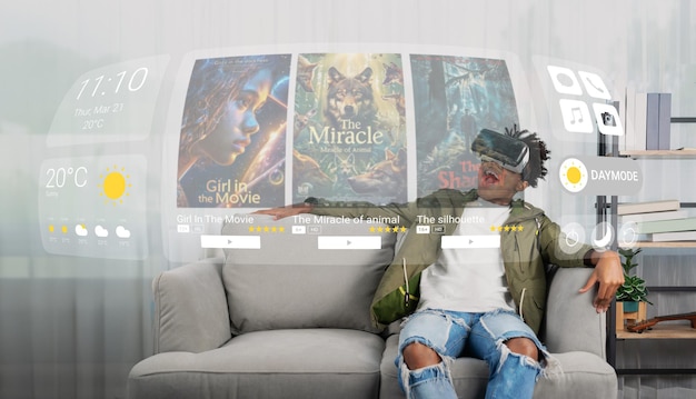 A person sitting on a couch comfortably, surrounded by multiple screens displaying different streaming platforms, highlighting the abundance of choices available to viewers in the US.