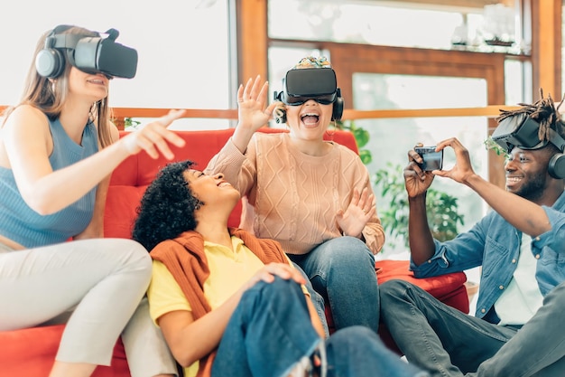 A group of people wearing VR headsets, engaging with a virtual world that blends gaming and cinematic storytelling, demonstrating the immersive potential of VR/AR technology in entertainment.