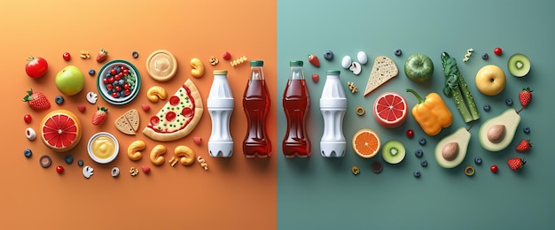 A split image comparing processed foods and beverages containing artificial sweeteners on one side, and natural alternatives like fruits and honey on the other, visually representing the choice between artificial and natural sweeteners.