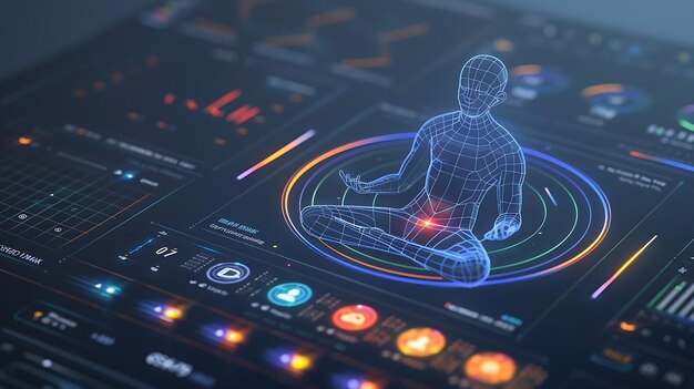 A digital graphic showing a blood pressure monitor displaying a reading, along with a meditating person in the background. Overlaid are text labels such as