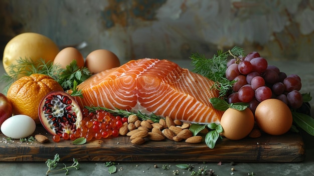 A close-up shot of various vitamin D-rich foods such as fatty fish (salmon, mackerel), egg yolks, and fortified milk, arranged to represent the natural sources of vitamin D. Focus on vibrant colors and textures to showcase the variety of dietary options.
