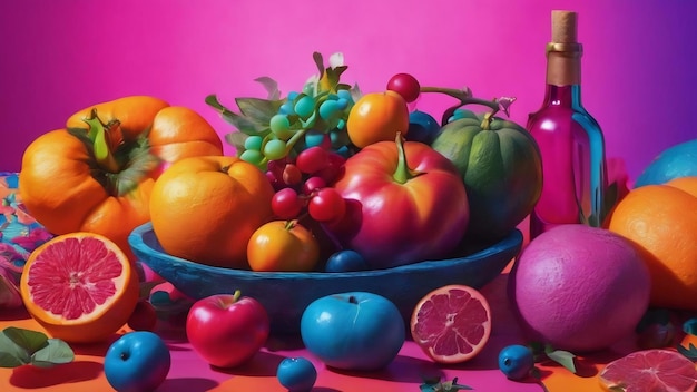 A vibrant assortment of colorful fruits and vegetables arranged artfully, showcasing a variety of vitamins and nutrients beneficial for skin health and stress reduction, like berries, leafy greens, and nuts.