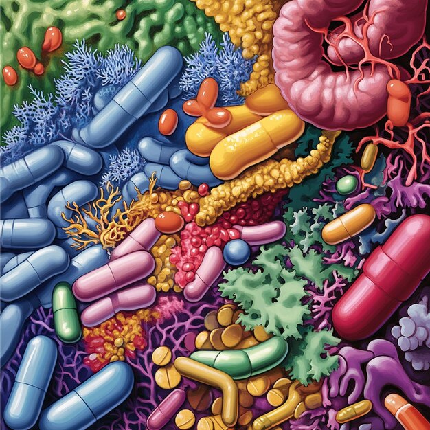 A colorful infographic illustrating the different strains of probiotics (Lactobacillus, Bifidobacterium, Saccharomyces boulardii) and their specific health benefits, such as improved digestion, enhanced immunity, and better mental health.