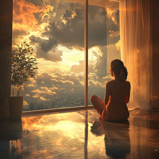 A woman is meditating in a tranquil environment. Natural light enters through the window, highlighting her serene expression and calm surroundings.