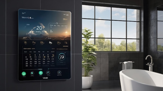 A close-up of a smart thermostat interface, showing energy usage statistics and customizable temperature settings. The thermostat is sleek and modern, blending seamlessly with the home's décor.