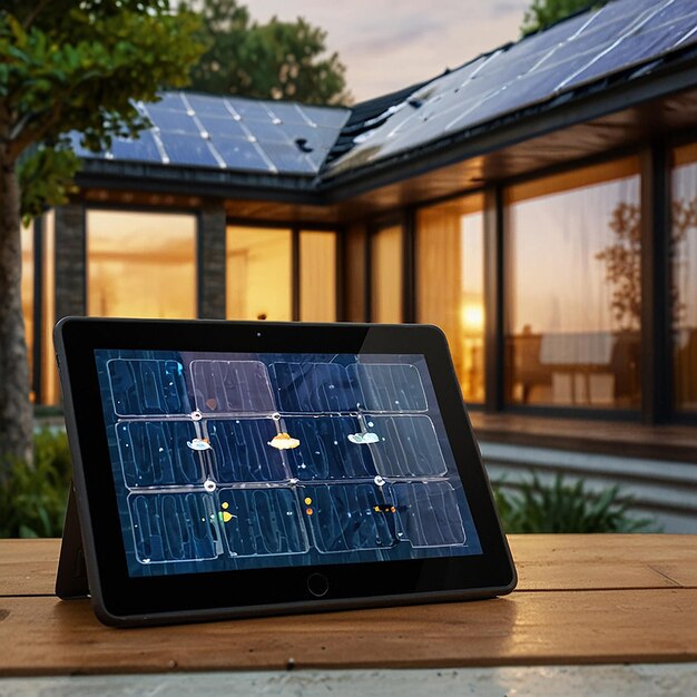 A solar panel system installed on a rooftop, connected to a smart energy management system displayed on a tablet. The image highlights the integration of renewable energy with smart home technology.