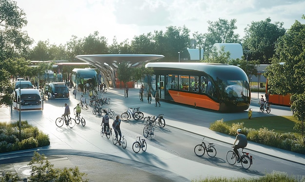 An image showcasing various sustainable transportation options, including biking, walking, electric scooters, public transportation (bus, train), and electric cars, with a focus on reducing carbon emissions.