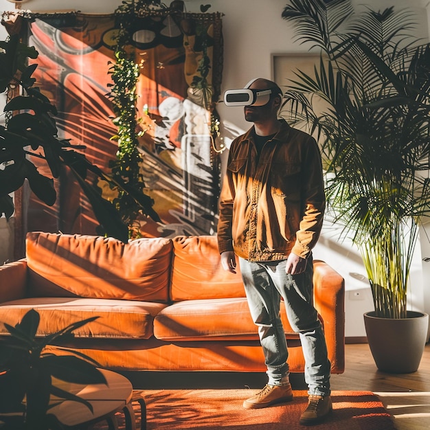 A person wearing a VR headset in their living room, interacting with a virtual game environment projected around them.