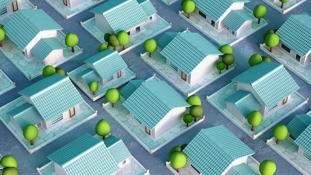 An aerial view of a community of 3D printed homes. The houses are identical in design and arranged in a grid pattern. Solar panels cover the roofs, and there are electric vehicle charging stations in the driveways. The neighborhood is surrounded by green spaces and trees.