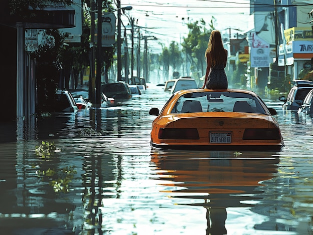 A flooded street in Miami, Florida, with cars partially submerged in saltwater during a high tide. The image captures the real-world impact of sea-level rise on urban infrastructure and daily life in a coastal city.