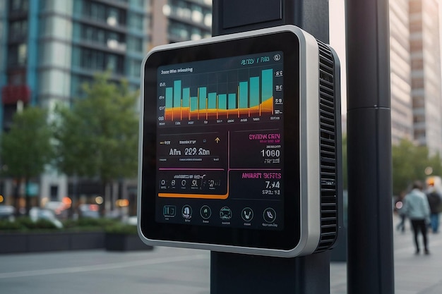 A digital dashboard displaying real-time data from city sensors, showing information related to traffic flow, air quality, and energy consumption.