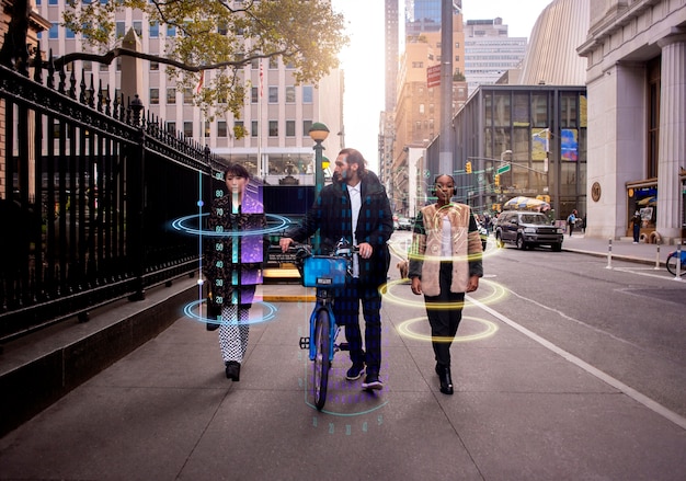 A futuristic depiction of a smart city street with autonomous vehicles, cyclists, and pedestrians, all interacting safely and efficiently within a connected ecosystem.