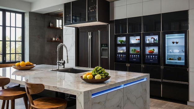 A modern kitchen with integrated smart appliances, including a voice-controlled assistant, smart refrigerator with a display screen, and automated lighting system. The kitchen also features natural wood accents and indoor herb garden.