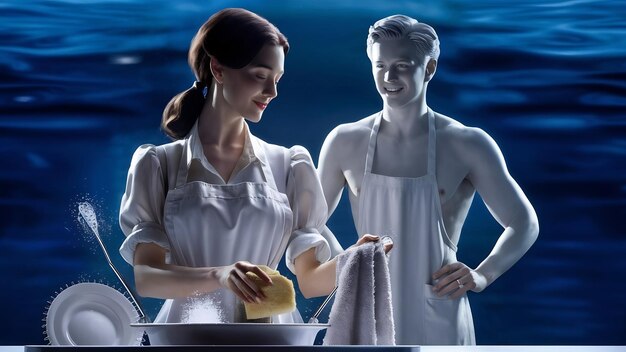 A split image showcasing two dishwashing methods: on the left, a person washing dishes in a filled sink of soapy water, and on the right, a person letting the tap run continuously while washing dishes. The left side emphasizes water conservation.