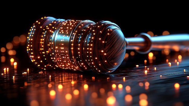 A gavel striking a sound block with a blurred background of individuals representing tech regulators. The gavel symbolizes the enforcement of antitrust measures and promoting fair competition in the tech industry.