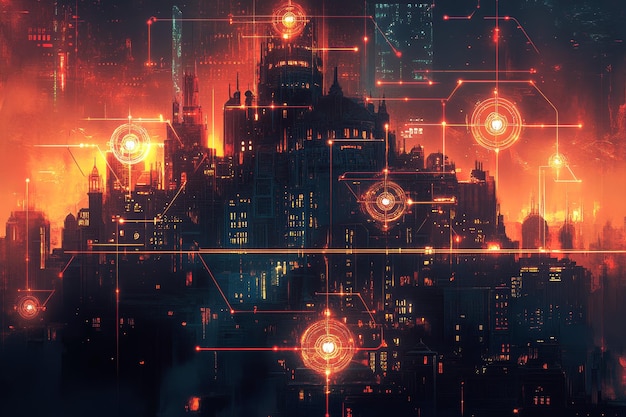 A digital illustration of a cyber warfare scenario, with lines of code forming a protective barrier around a cityscape, symbolizing the importance of cybersecurity in national defense.