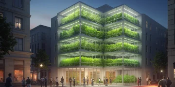 Futuristic urban vertical farm building with vibrant green crops inside