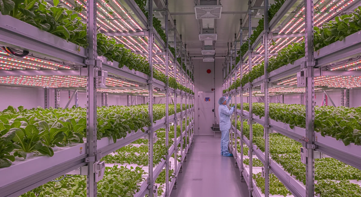 Interior of a high-tech vertical farm with LED-lit plant racks