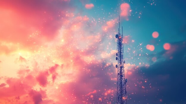 A close-up of a 5G antenna on a cell tower, with the sky in the background. The antenna should be modern and sleek, highlighting the advanced technology behind 5G.