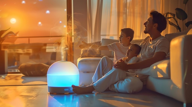 A family interacting with a voice-activated smart home assistant, showcasing its capabilities for controlling lights, music, and other devices. The scene depicts a comfortable and modern family home.