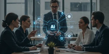 Business leaders discussing AI ethics frameworks and compliance regulations for 2025 in a modern office setting.