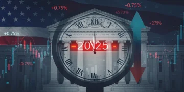 Federal Reserve building with overlay of 2025 and interest rate shift indicators