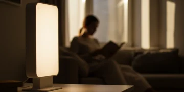 Modern light therapy lamp on a desk in a cozy room, offering treatment for seasonal affective disorder.