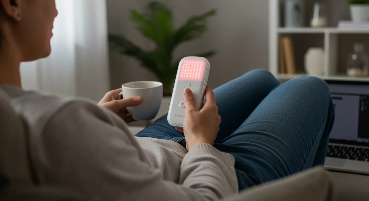 Person using a portable light therapy device during morning routine.
