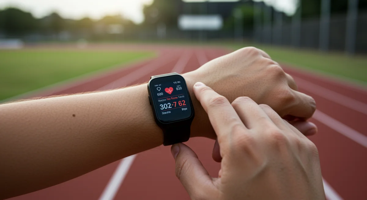 Athlete using a wearable device to track real-time fitness metrics during exercise