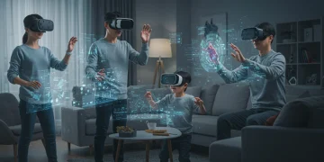 Family enjoying VR immersive experiences in a futuristic living room