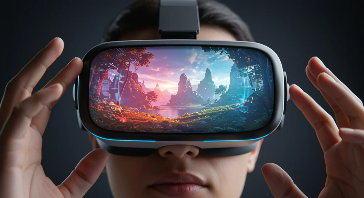 Person experiencing next-gen VR headset with advanced optics