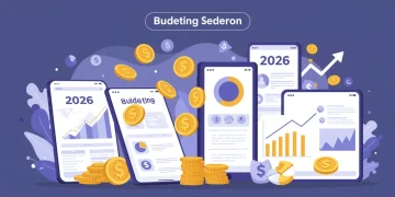 Digital devices showcasing various 2026 budgeting app interfaces with financial growth symbols