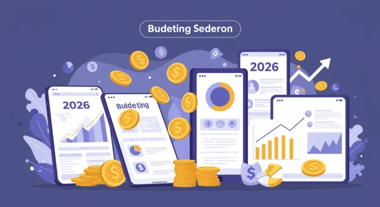 Digital devices showcasing various 2026 budgeting app interfaces with financial growth symbols