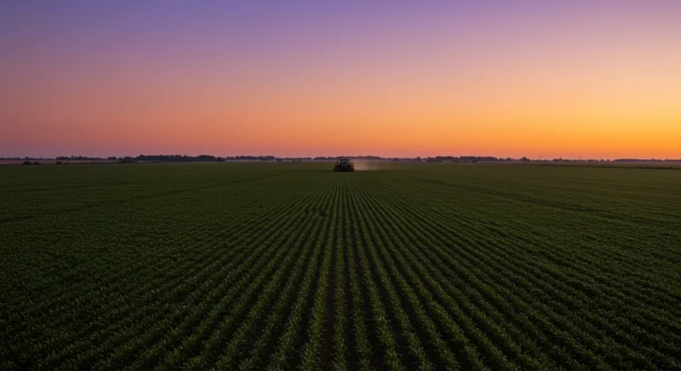 Sunrise over a large agricultural field with a tractor, representing the future of farming and farm bill changes.