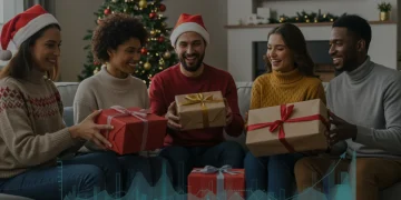 Family and friends exchanging holiday gifts, symbolizing smart seasonal spending and budgeting.
