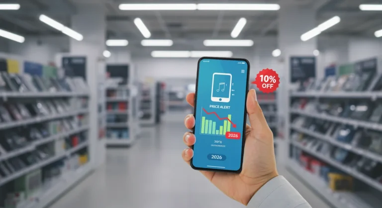 Smartphone showing a 2026 price tracking alert for electronics, indicating a discount.