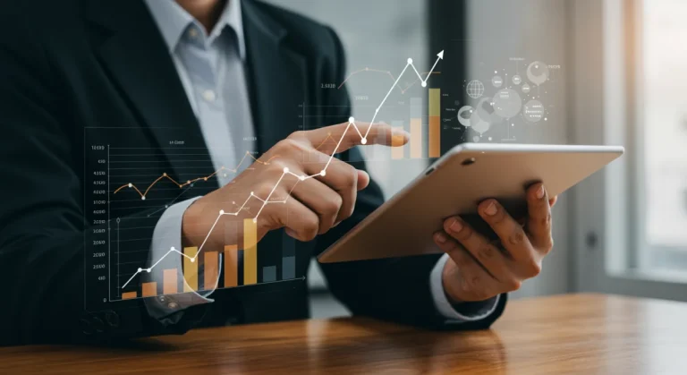 Person viewing financial growth charts on a tablet, symbolizing the positive impact of 2026 unemployment benefits.