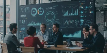 Professionals analyzing data on a screen, symbolizing career advancement with free business analytics certifications in 2026 U.S. job market.