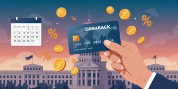Hand holding credit card with cashback symbols, government buildings background
