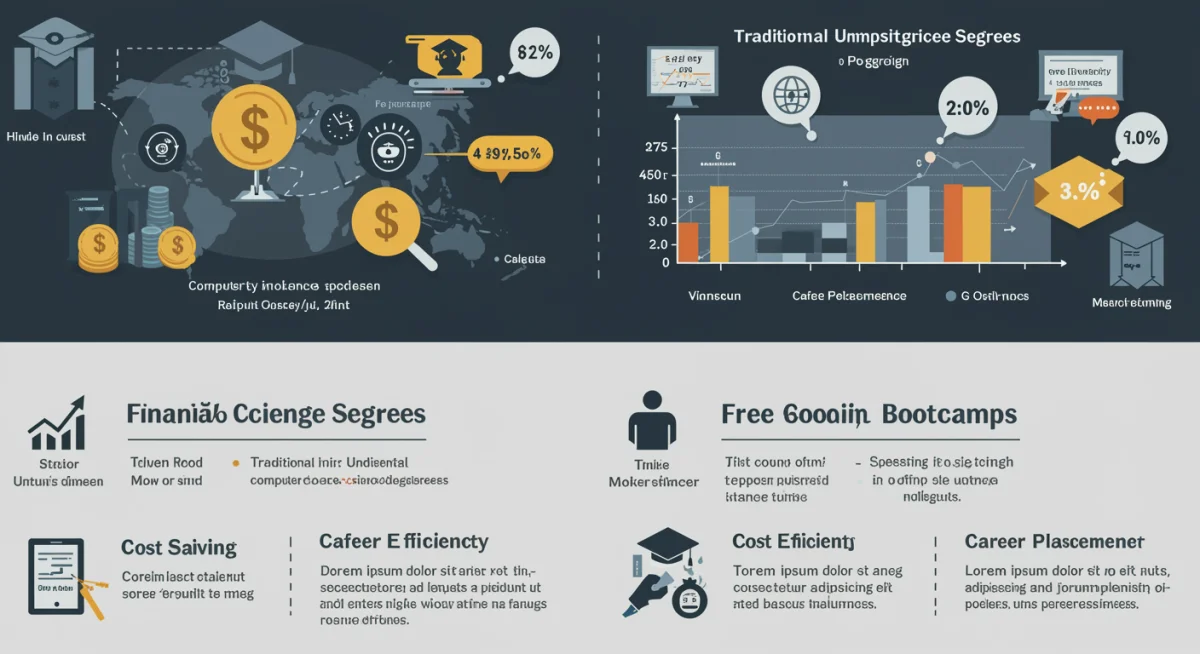 Infographic comparing costs and benefits of free coding bootcamps versus traditional degrees.